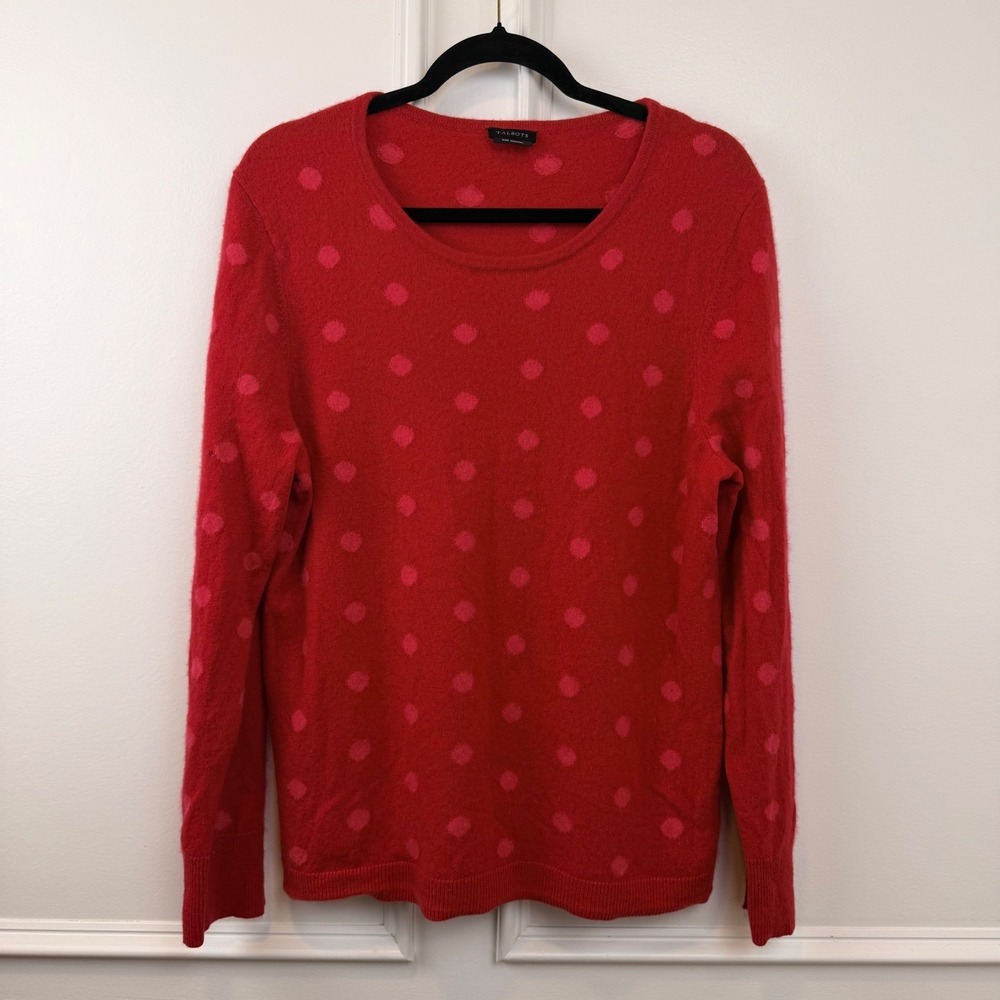 Talbots Red Pink Polka Dot 100% Pure Cashmere Crewneck Sweater Button Cuff Large